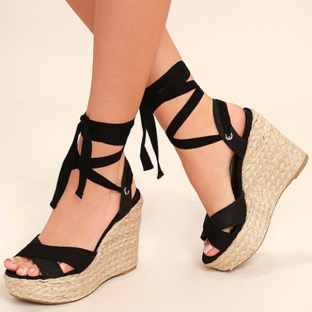 Lulus Esme Black Lace-Up Espadrille Wedges - Picture 3 of 3